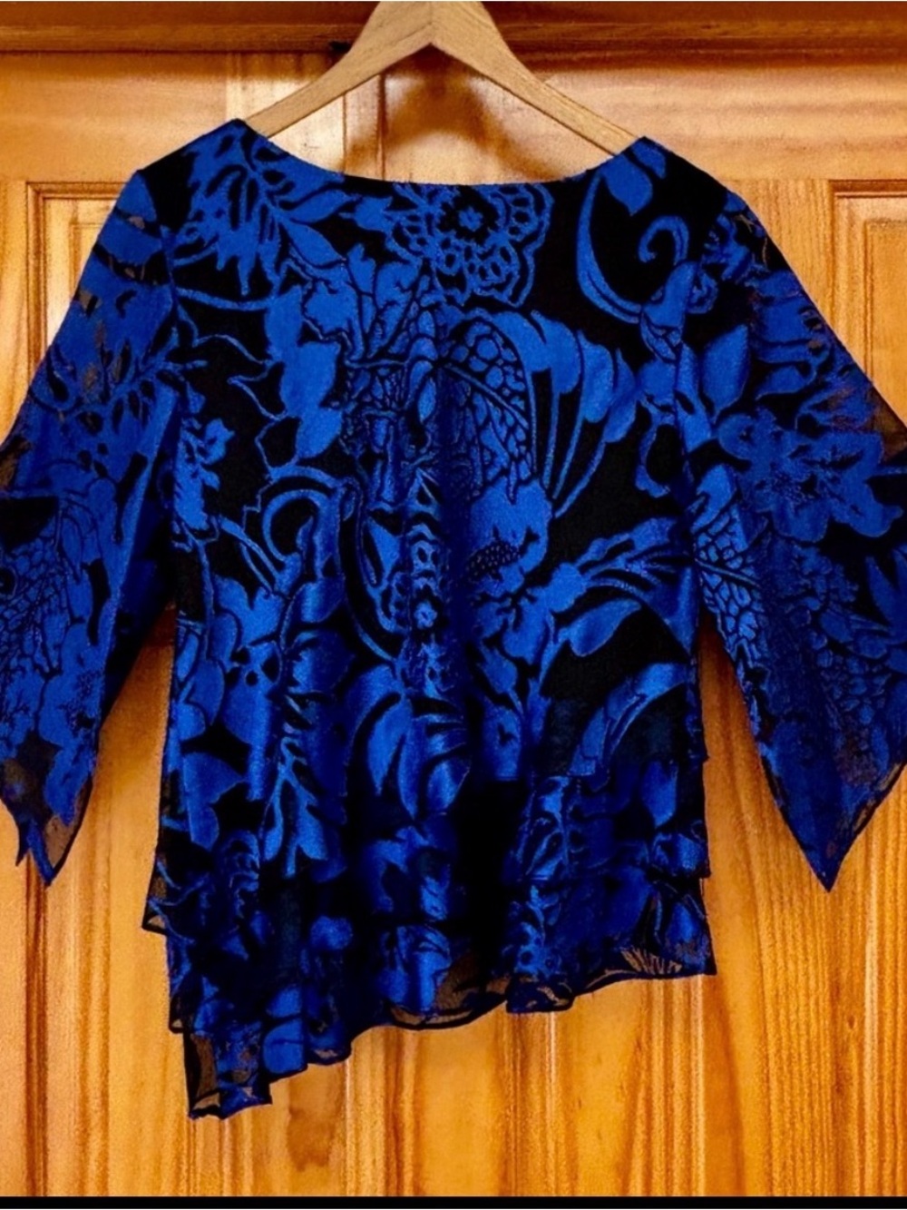 Alex Evenings Royal Blue and Black Floral Overlay Blouse